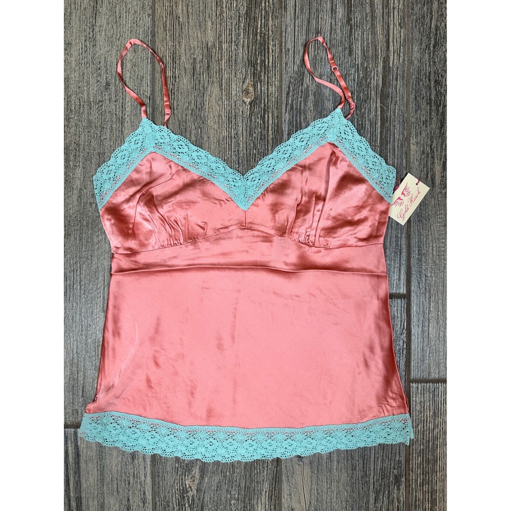 Gold‎ Hawk Coral Cami Top Lace Trim Silk Blend Sleeveless Blouse Tank Size L